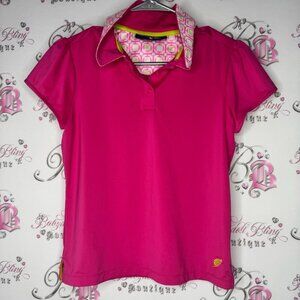 Turtles & tees Pink Polo Shirt Patterned Collar golf pink lime green